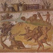 unknow artist, Mosaic from the Roman villa at Zliten in Tripolitania showing horses and cattle threshing corn